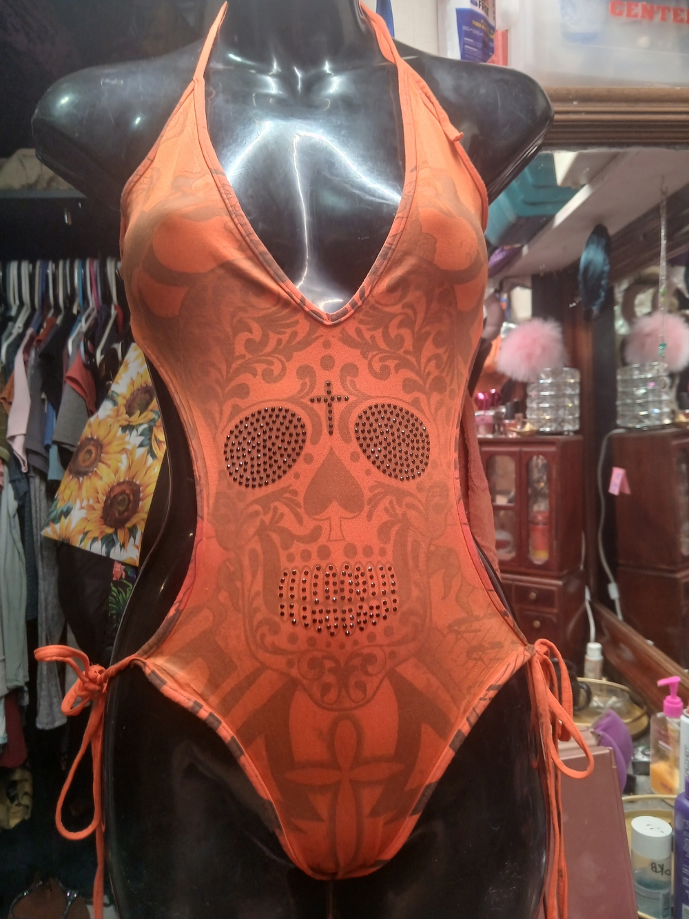 See You Monday Orange One-Piece Swimsuit with Skull Motif